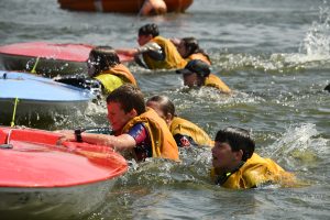 Yellow team in the water